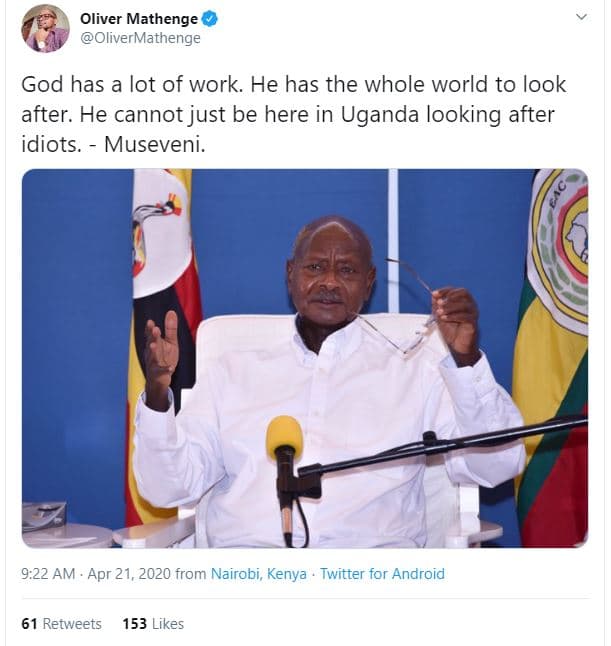 Oliver mathenge olivermathenge god has a lot of work. he has the whole world to