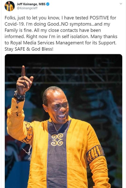 Jeff koinange, mbs koinangejeff folks, just to let you know have tested positive