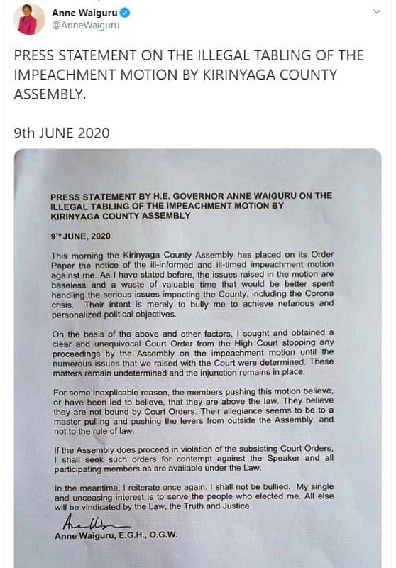 Anne waiguru annewaiguru press statement on the illegal tabling of the impeachme