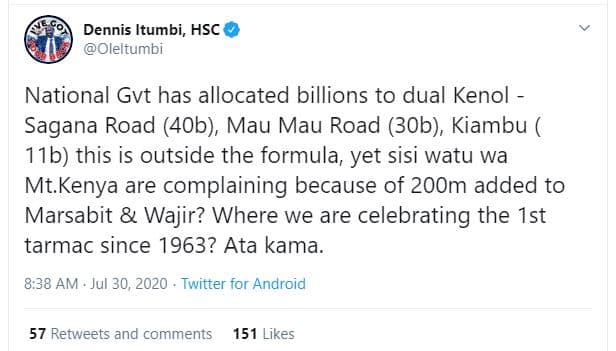 Dennis itumbi, hsc oleltumbi national gvt has allocated billions to dual kenol s