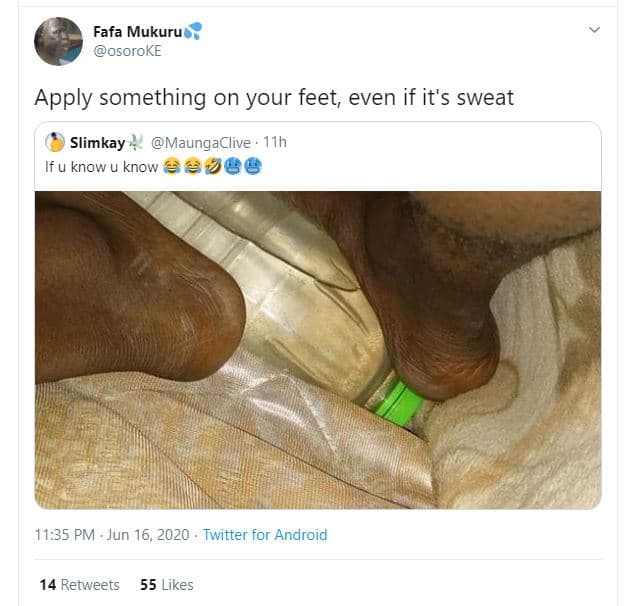 Fafa mukuru osoroke apply something on your feet even if it's sweat slimkay maun