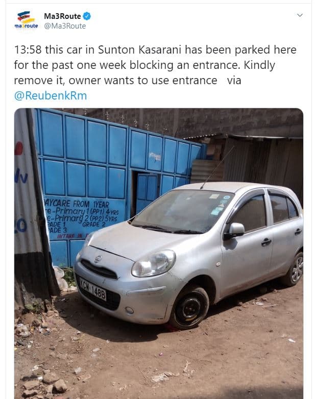 Ma3route toure ma3route 13.58 this car in sunton kasarani has been parked here f