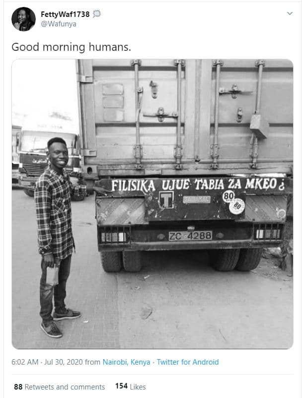 Fettywaf1738 wafunya good morning humans. filisika ujue 'tabia za mkeo zc 6,02 a