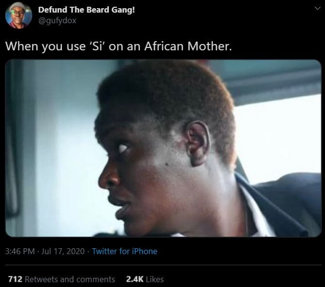 Defund the beard gang! gufydox when you use 'si' on an african mother. 3.46 pm j
