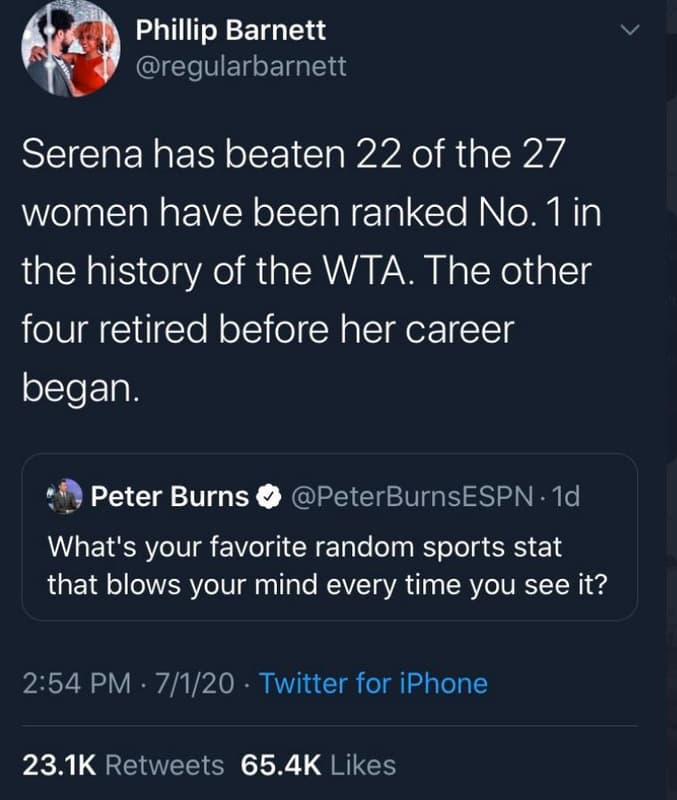 Phillip barnett regularbarnett serena has beaten 22 of the 27 women have been ra