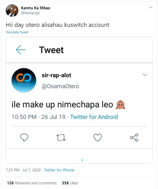 Kamtu ka mbao kampupi hii day otero alisahau kuswitch account translate tweet tw