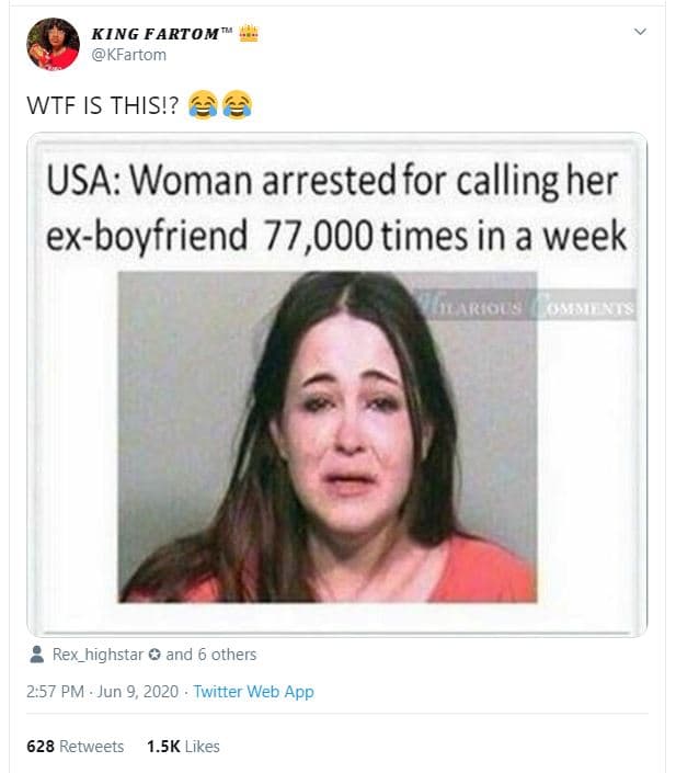 King fartom kfartom wtf is this!? usa woman arrested for calling her exboyfriend