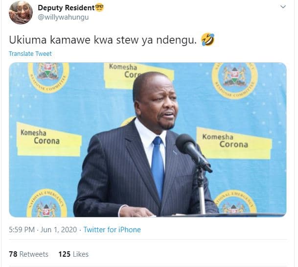 Deputy resident 5 willywahungu ukiuma kamawe kwa stew ya ndengu. translate twvee