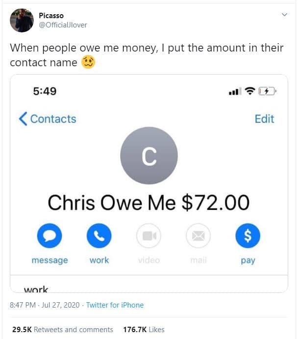 Picasso officialjlover when people owe me money, put the amount in their contact