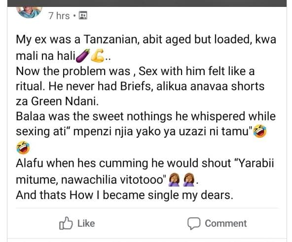 My ex was a tanzanian abit aged but loaded kwa mali na hali now the problem was