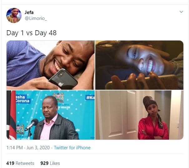 Jefa limorio_ day 1 vs day 48 esha corona 1.14 pm jun 3, twitter for iphone 419