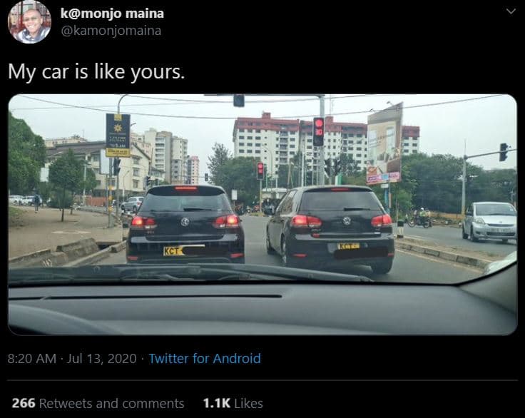 Kmonjo maina kamonjomaina my car is like yours. 8.20 am . jul 13, twitter for an