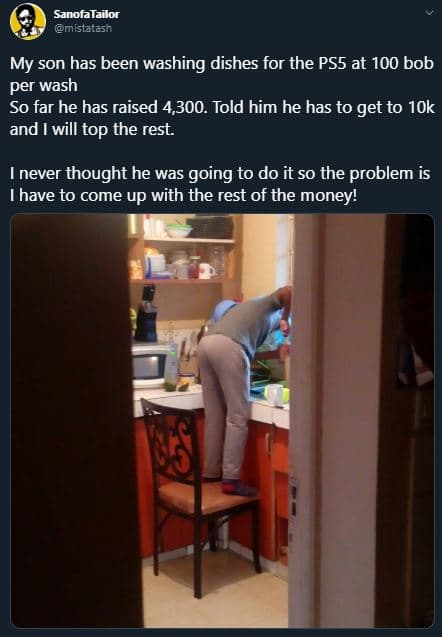 Sanofatailor mistatash my son has been washing dishes for the pss at 100 bob per