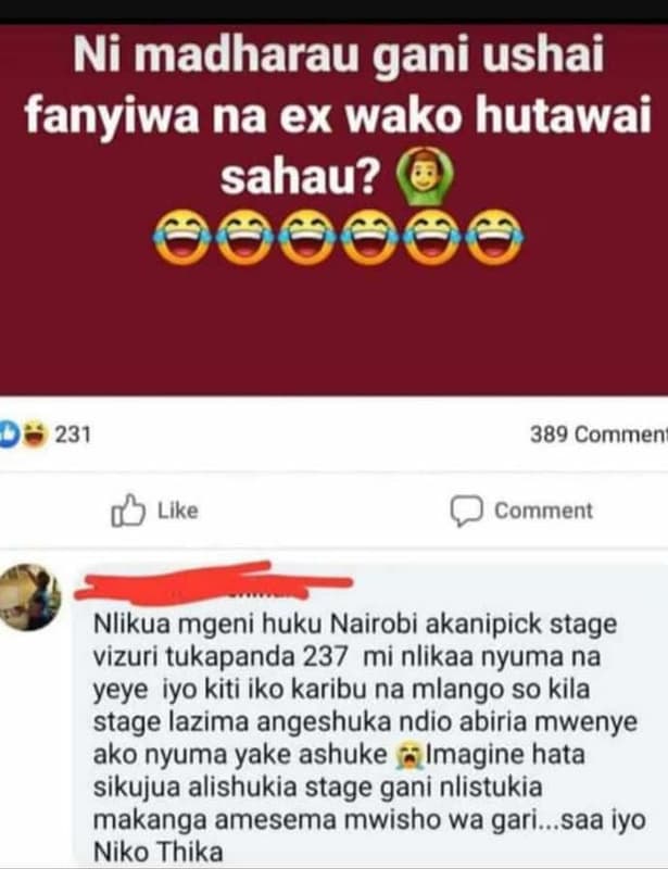 Ni madharau gani ushai fanyiwa na ex wako hutawai sahau? 0 231 389 commen llke c
