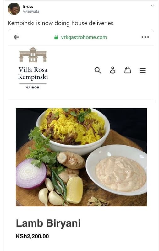 Bruce ngwata kempinski is now doing house deliveries. vrkgastrohome com villa ro