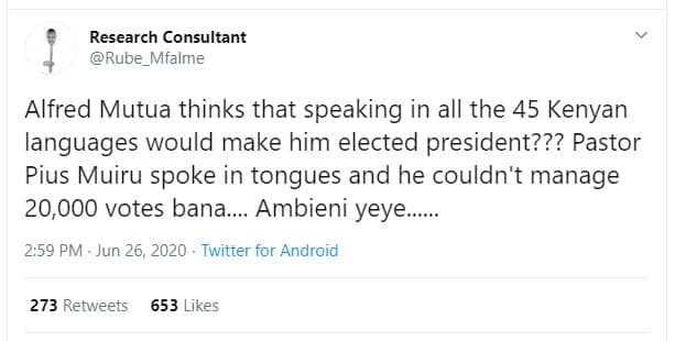 Research consultant rube_mfalme alfred mutua thinks that speaking in all the 45