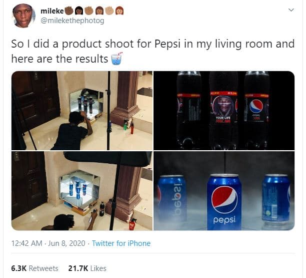 Mileke milekethephotog so did a product shoot for pepsi in my living room and he