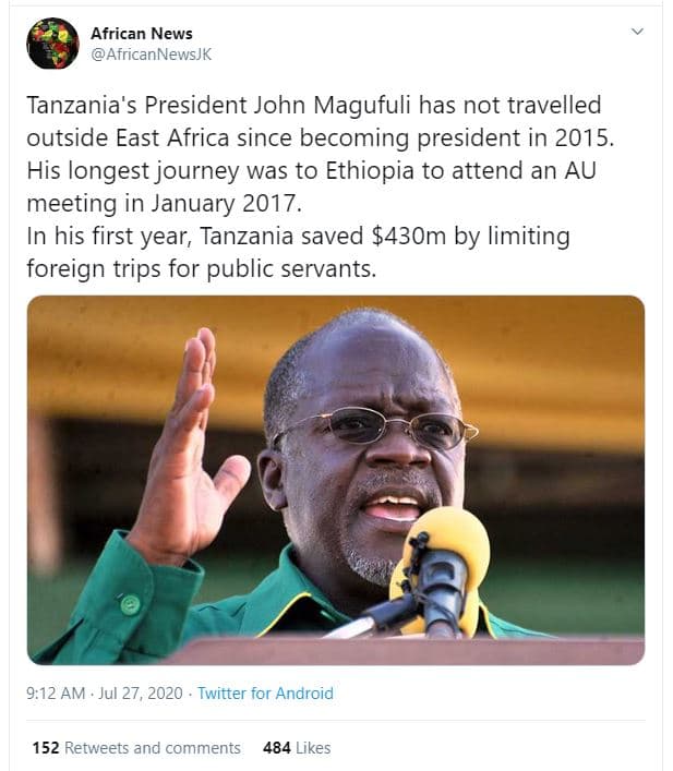 African news africannewsjk tanzania's president john magufuli has not travelled
