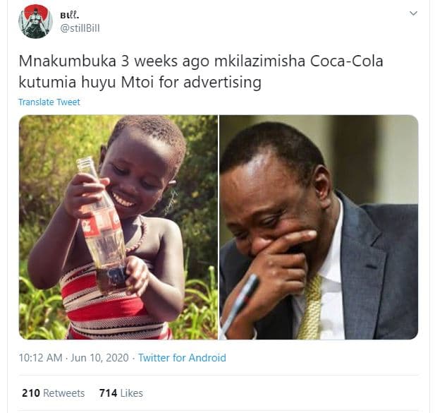 Bl. stillbill mnakumbuka 3 weeks ago mkilazimisha cocacola kutumia huyu mtoi for
