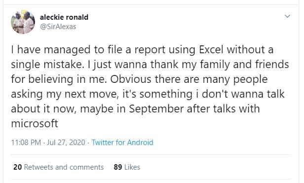 Aleckie ronald siralexas have managed to file a report using excel without a sin