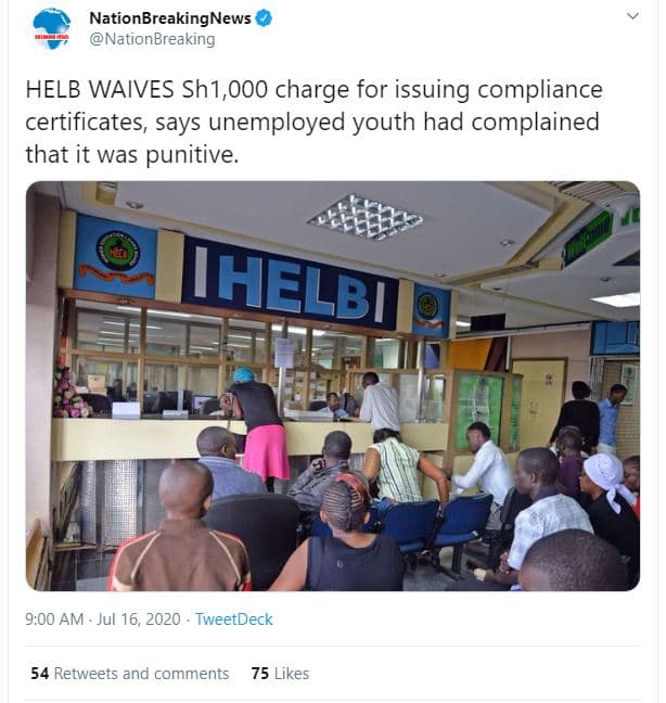 Nationbreakingnews nationbreaking helb waives sh1,000 charge for issuing complia