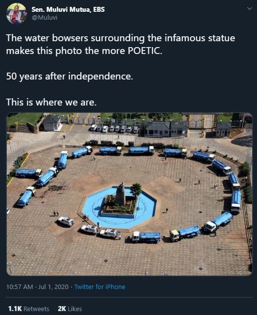 Sen. muluvi mutua, ebs muluvi the water bowsers surrounding the infamous statue