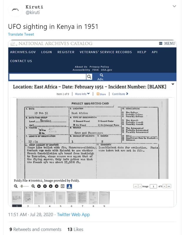 Kiruti kiruti ufo sighting in kenya in translate tweet national archives catalog