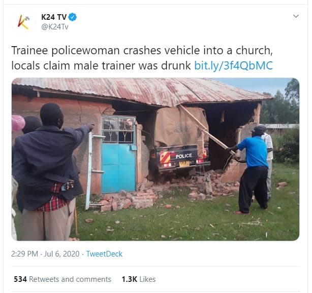 K24 tv k24tv trainee policewoman crashes vehicle into a church, locals claim mal