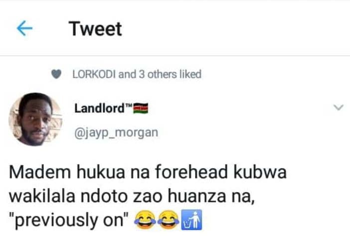 Tweet lorkodi and 3 others liked landlord jayp_morgan madem hukua na forehead ku