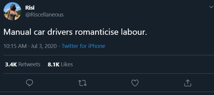 Risi riscellaneous manual car drivers romanticise labour. 10.15 am . jul 3, twit