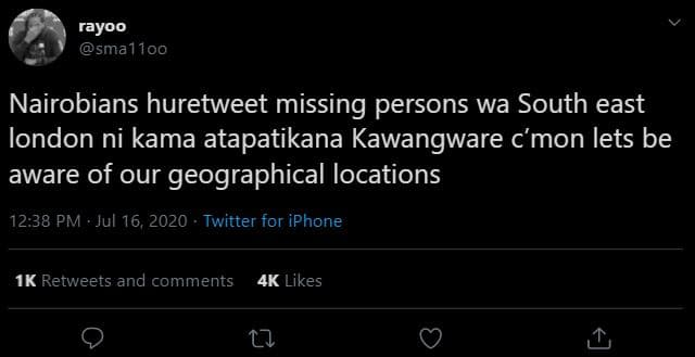 Rayoo sma 10o nairobians huretweet missing persons wa south east london ni kama