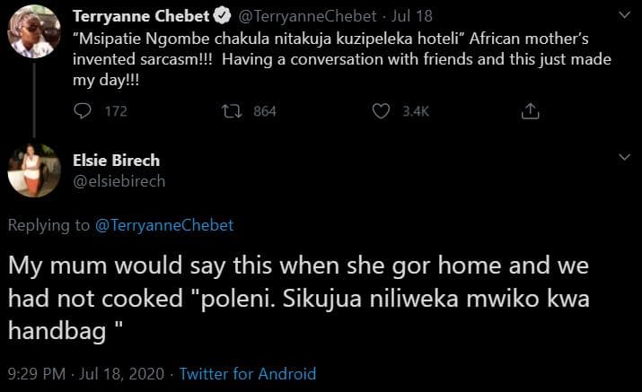 Terryanne chebet terryannechebet jul 18 'msipatie ngombe chakula nitakuja kuzipe