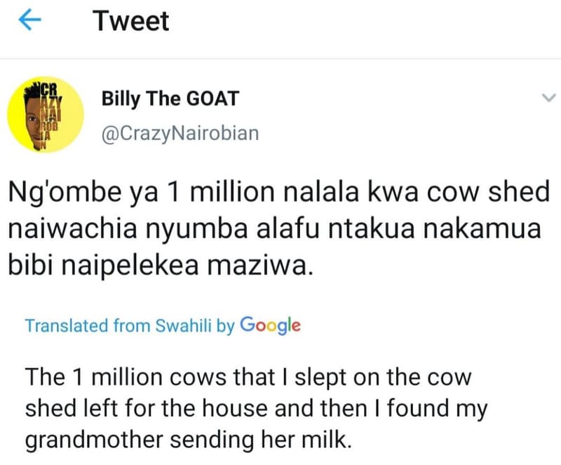 Tweet hcr billy the goat crazynairobian ng'ombe ya 1 million nalala kwa cow shed