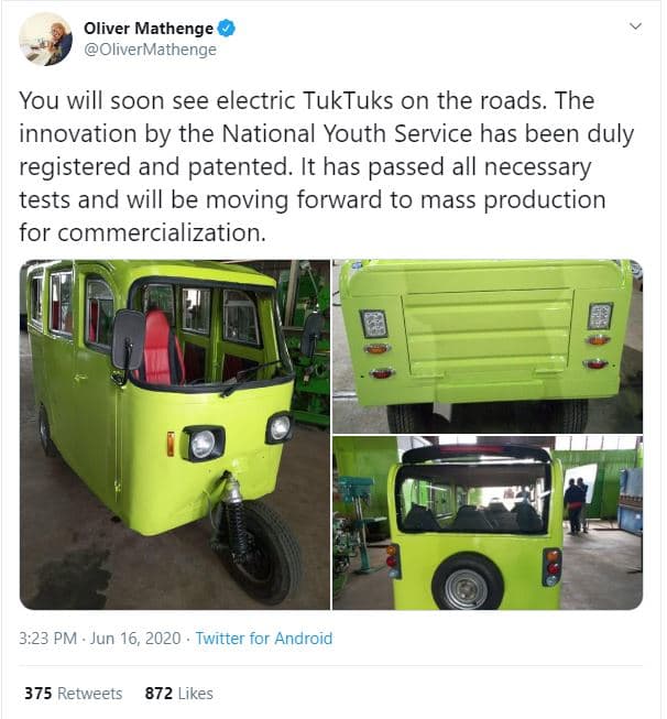 Oliver mathenge olivermathenge you will soon see electric tuktuks on the roads.