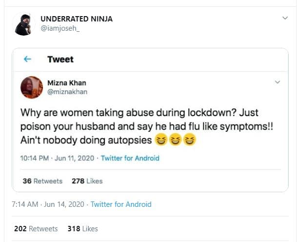 Underrated ninja iamjoseh tweet mizna khan miznakhan why are women taking abuse