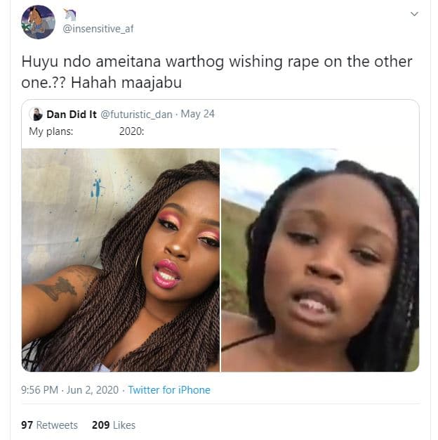 Insensitive_af huyu ndo ameitana warthog wishing rape on the other one.?? hahah