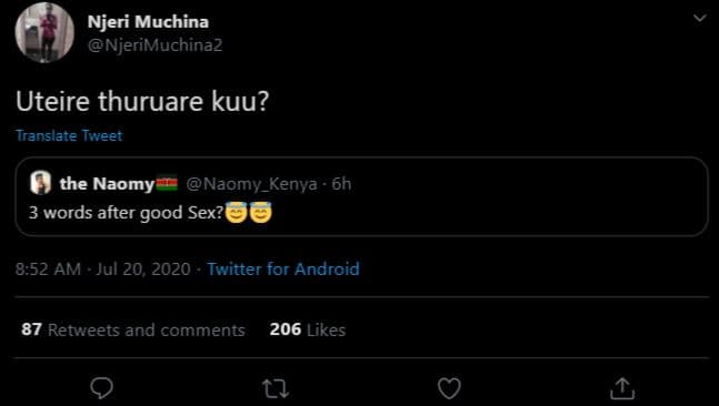 Njeri muchina njerimuchinaz uteire thuruare kuu? translate tweer the naomy naomy