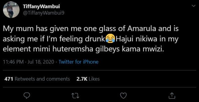 Tiffanywambui tiffanywambuig my mum has given me one glass of amarula and is ask