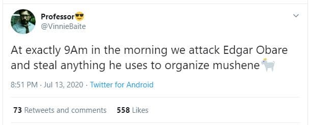 Professor vinniebaite at exactly 9am in the morning we attack edgar obare and st