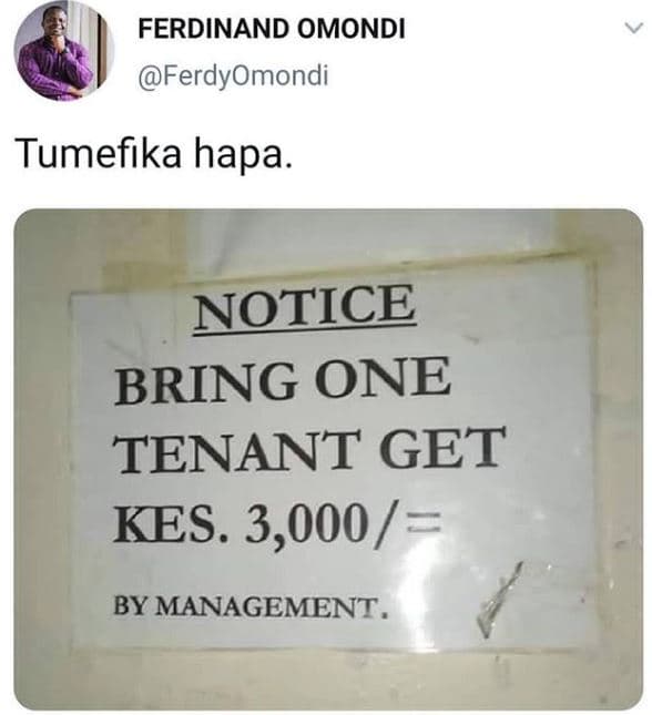 Ferdinand omondi ferdyomondi tumefika hapa. notice bring one tenant get kes. 3,0
