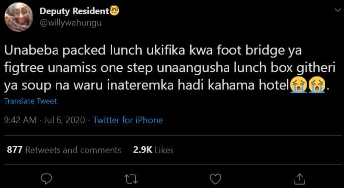 Deputy resident willywahungu unabeba packed lunch ukifika kwa foot bridge ya fig