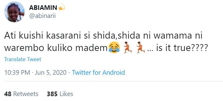 Abiamin abinarii ati kuishi kasarani si shida,shida ni wamama ni warembo kuliko