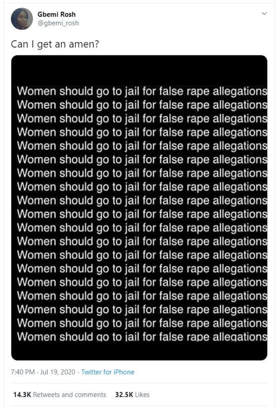 Gbemi rosh gbemı_rosh can get an amen? women should go to jail for false rape al