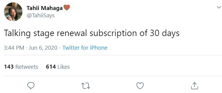 Tahii mahaga tahiisays talking stage renewal subscription of 30 days 3.44 pm . j