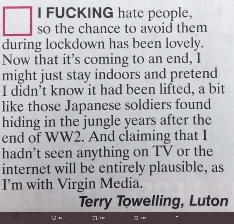 1 fucking hate people, so the chance to avoid them during lockdown has been love