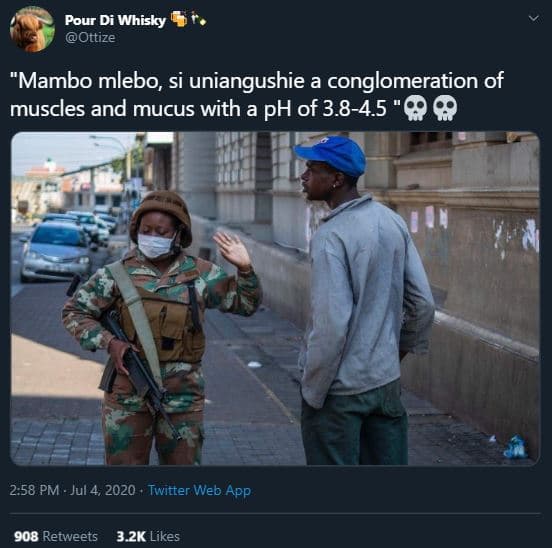 Pour di whisky ottize 'mambo mlebo si uniangushie a conglomeration of muscles an