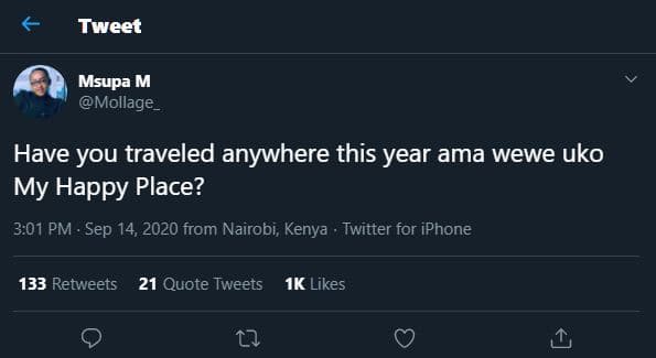 Tweet msupa m mollage _ have you traveled anywhere this year ama wewe uko my hap