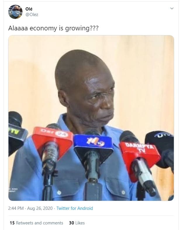 Olé olez alaaaa economy is growing??? 2.44 pm . aug 26, twitter for android 15 r