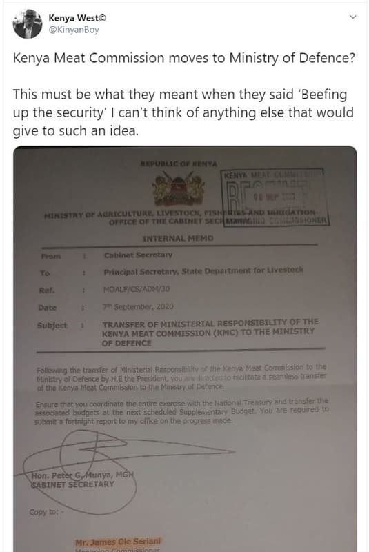 Kenya west kinyanboy kenya meat commission moves to ministry of defence? this mu