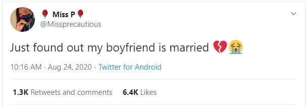 Miss p missprecautious just found out my boyfriend is married 10.16 am aug 24, t